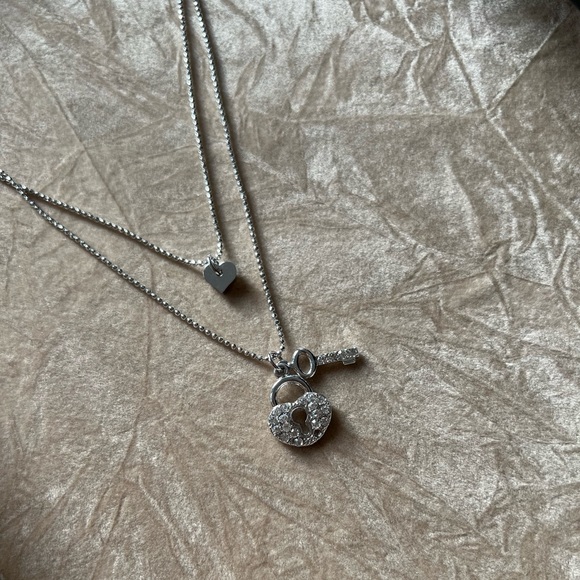 Double Chain, Layering Lock & Key Necklace (Silver) - Picture 3 of 7